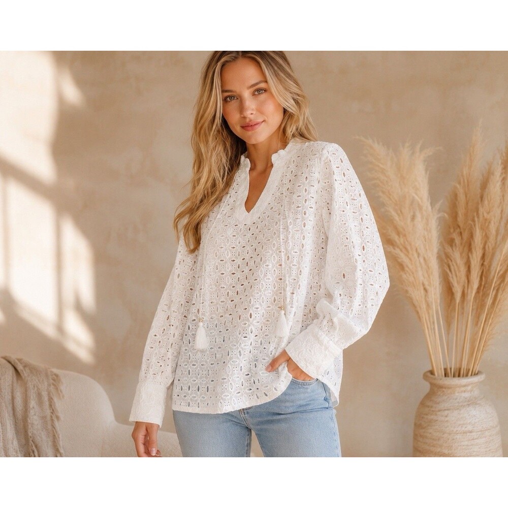 White Eyelet Embroidery Blouse Tassel Tie Boho Peasant Top Size XL Unknown Brand